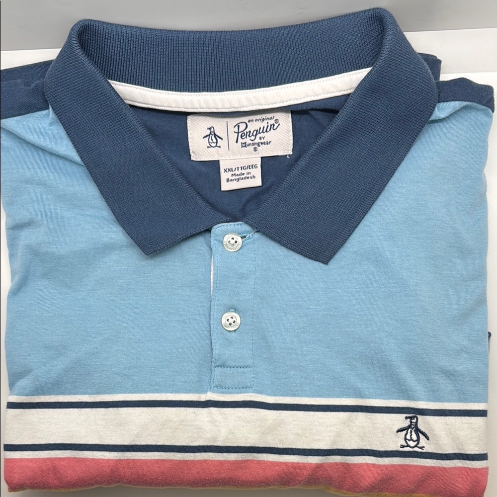 Original Penguin XXL Blue Polo Shirt with Contrast Collar, white & coral stripes